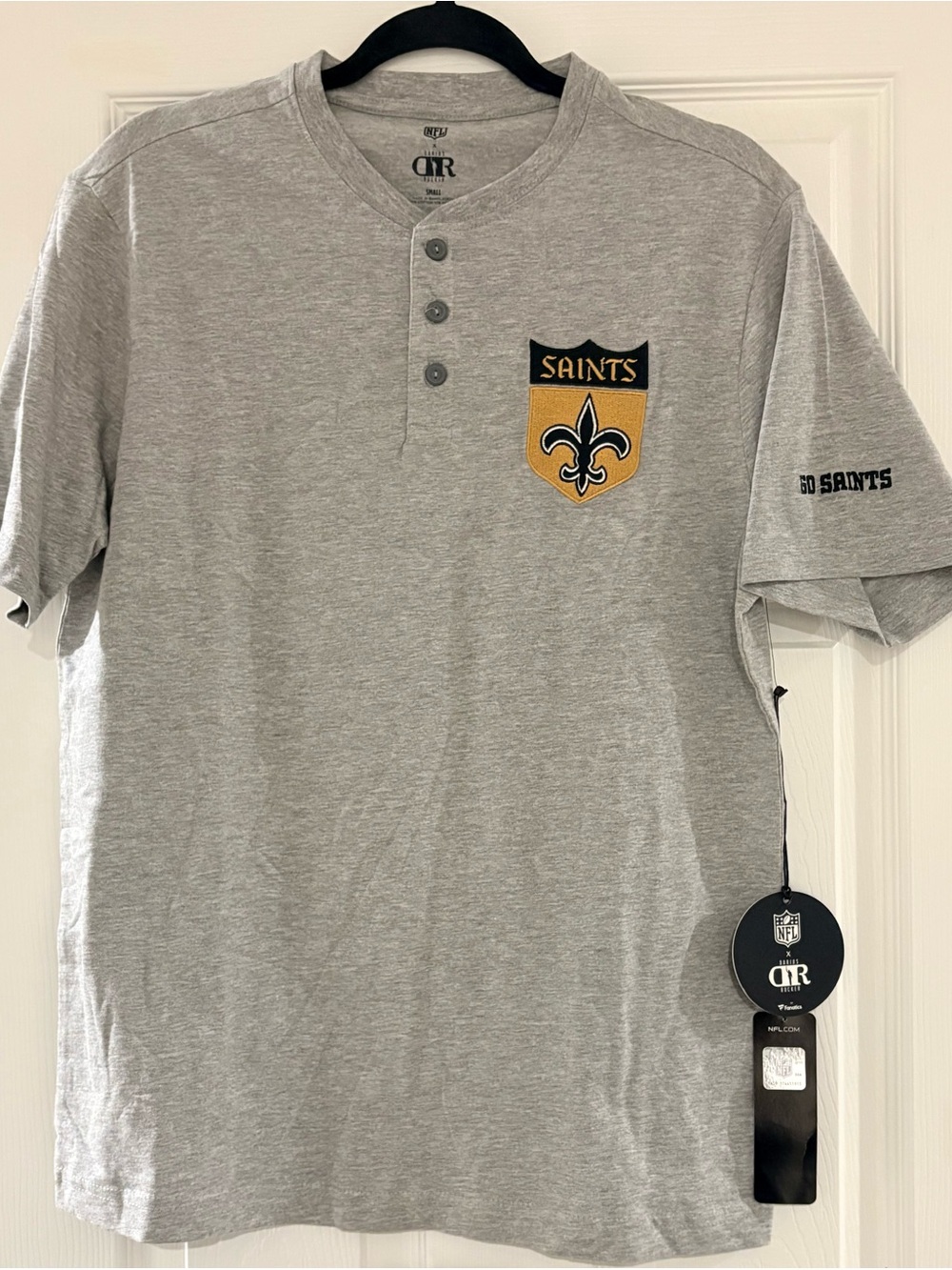 NFL Gray Henley with Gold and Black Saints Patch